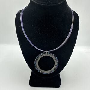 Round Pendant Necklace Wire Beaded Boho Costume Jewelry Gunmetal Gray 20"